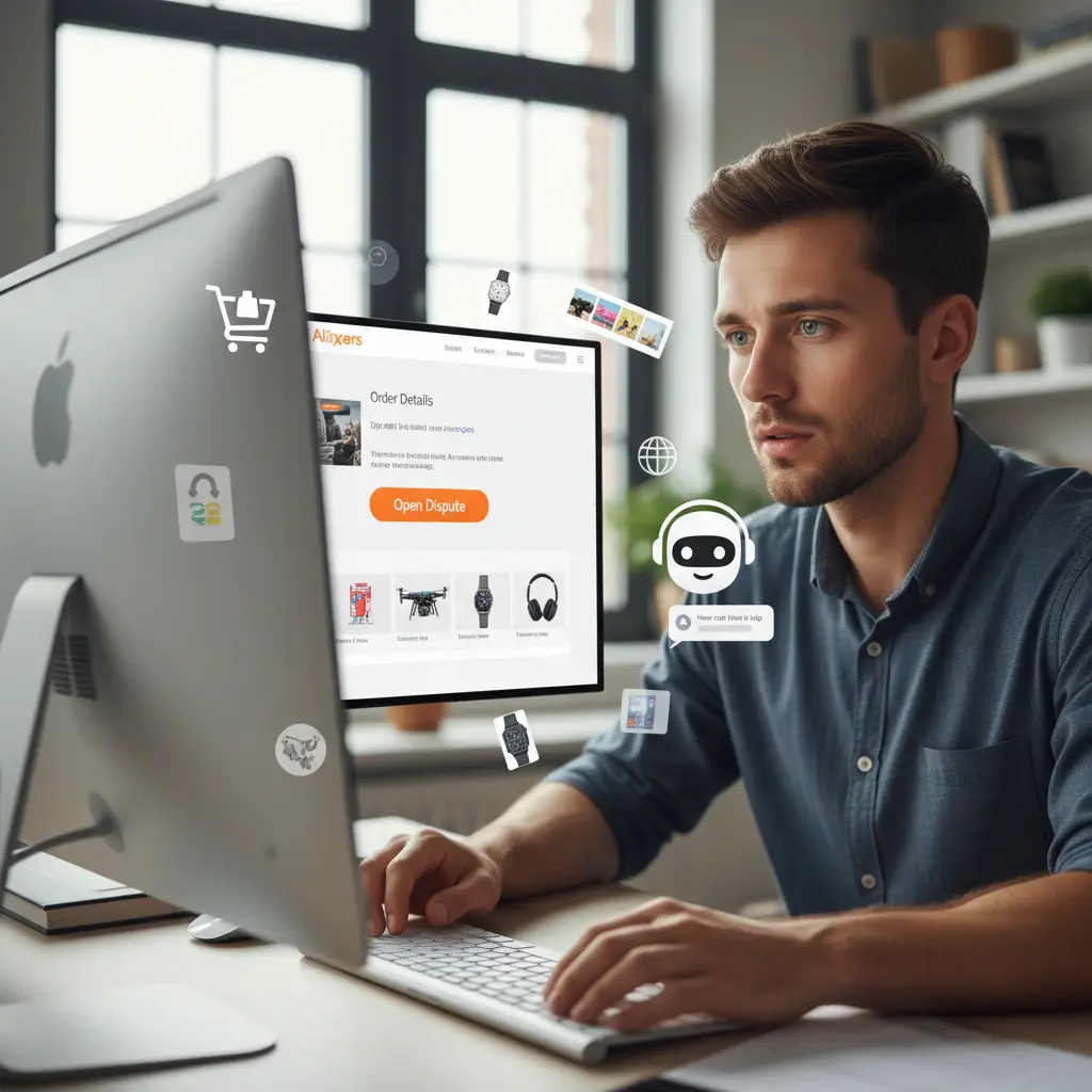 Korisnik sjedi za računalom i pažljivo ispunjava online obrazac za prijavu spora na AliExpress platformi. Na ekranu su vidljivi detalji narudžbe i opcije za kontaktiranje korisničke podrške.