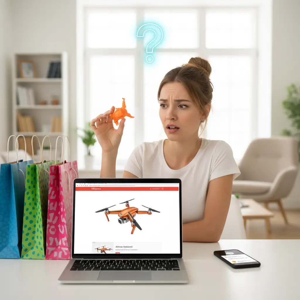 Kupac gleda na ekran računala s prikazom narudžbe na AliExpressu, zabrinuto drži glavu dok razmišlja o koracima za povrat ili zamjenu pogrešno naručenog artikla.