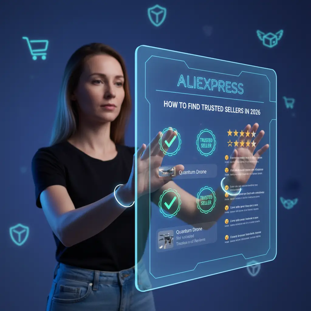 Kupac istražuje ponude na AliExpressu na svom laptopu, pažljivo pregledavajući ocjene i recenzije prodavača kako bi pronašao pouzdanog trgovca.