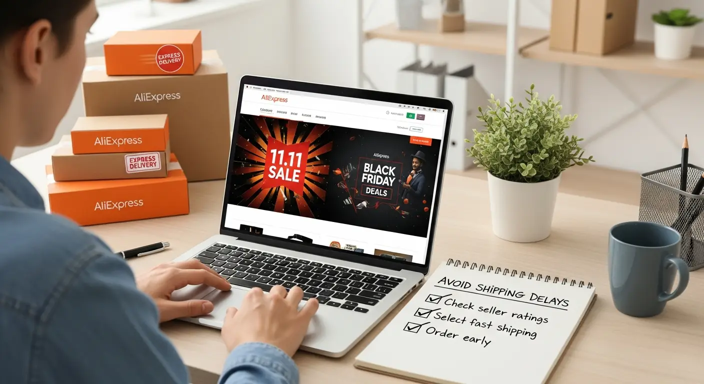 Kupac pažljivo provjerava rokove isporuke na svom laptopu dok pregledava popuste na AliExpressu tijekom 11.11 i Black Friday rasprodaja. Na ekranu su prikazane ikone brze dostave i sigurnih plaćanja.