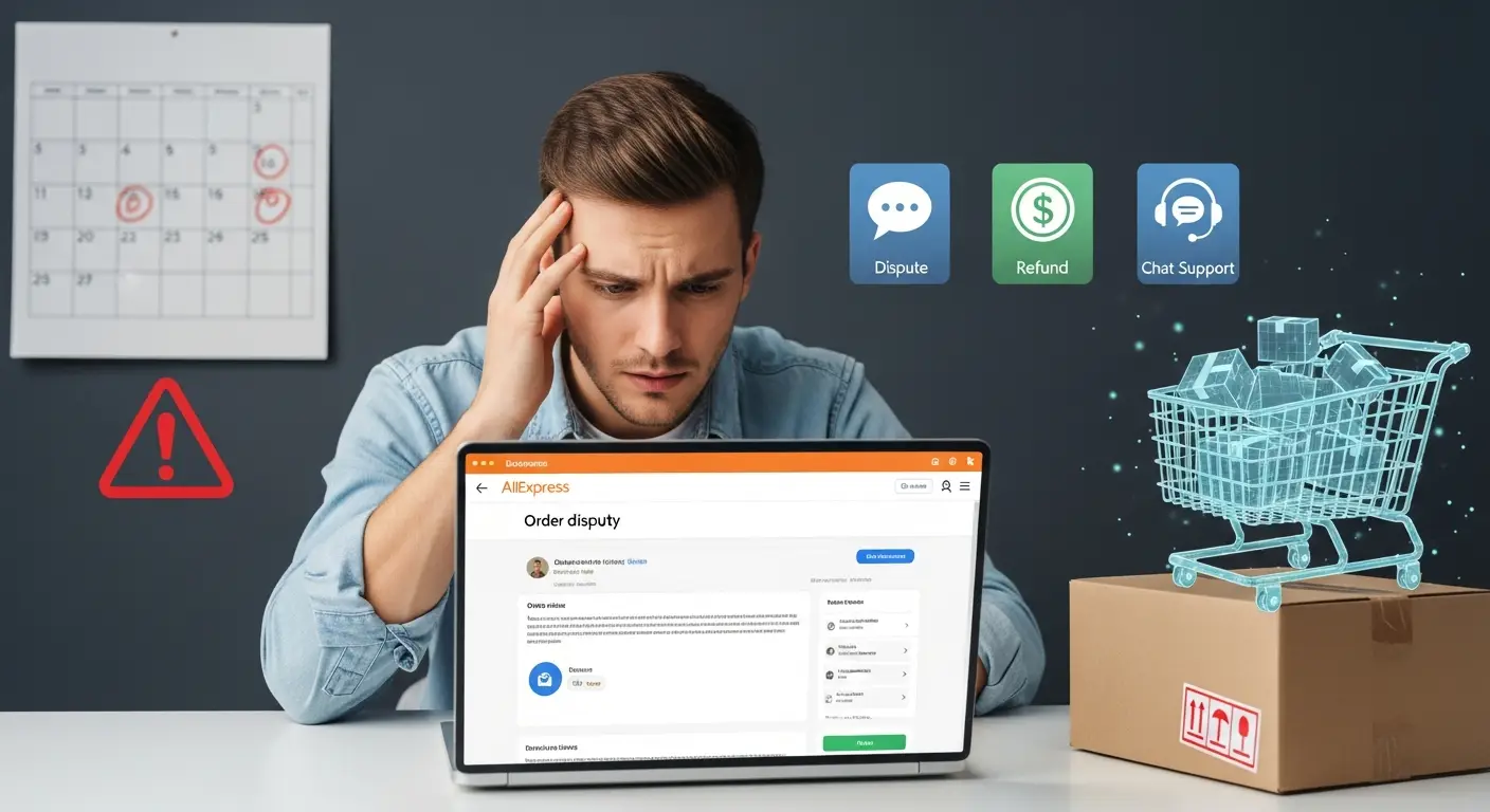 Kupac pregledava ekran računala s otvorenom AliExpress stranicom za podnošenje žalbe zbog kašnjenja ili neisporučene narudžbe.
Na ekranu su vidljive opcije za odabir razloga spora i umetanje dokaza.