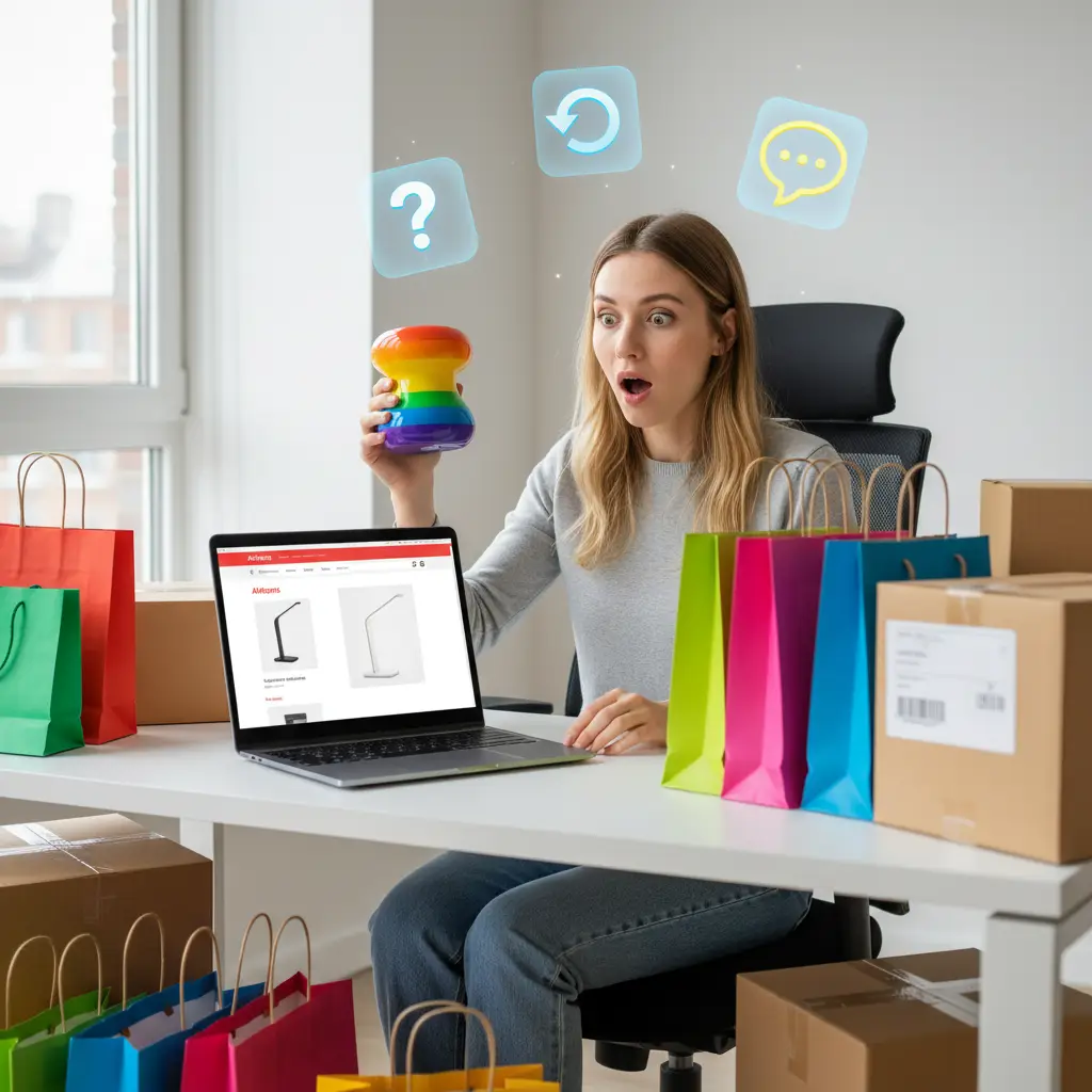 Kupac pregledava narudžbu na laptopu i primjećuje da je naručio pogrešan predmet na AliExpressu, dok razmišlja što učiniti dalje.