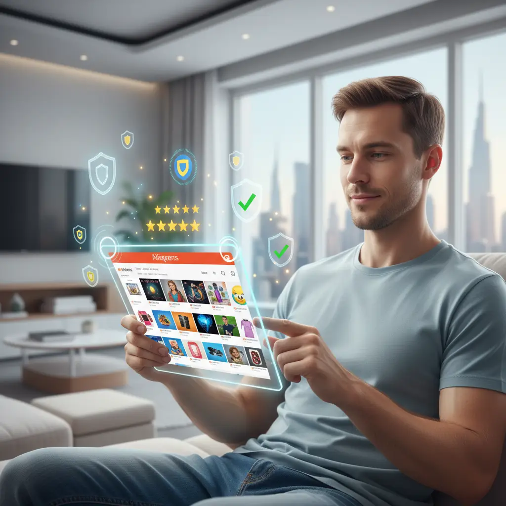 Kupac pregledava ocjene i recenzije prodavača na AliExpressu na svom laptopu, tražeći pouzdane trgovce u 2026. godini.