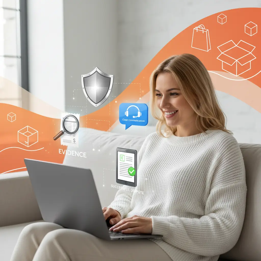 Kupac pregledava poruke i dokaze na laptopu dok piše žalbu protiv prodavača na AliExpressu, okružen bilješkama s korisnim savjetima za pobjedu u sporu.