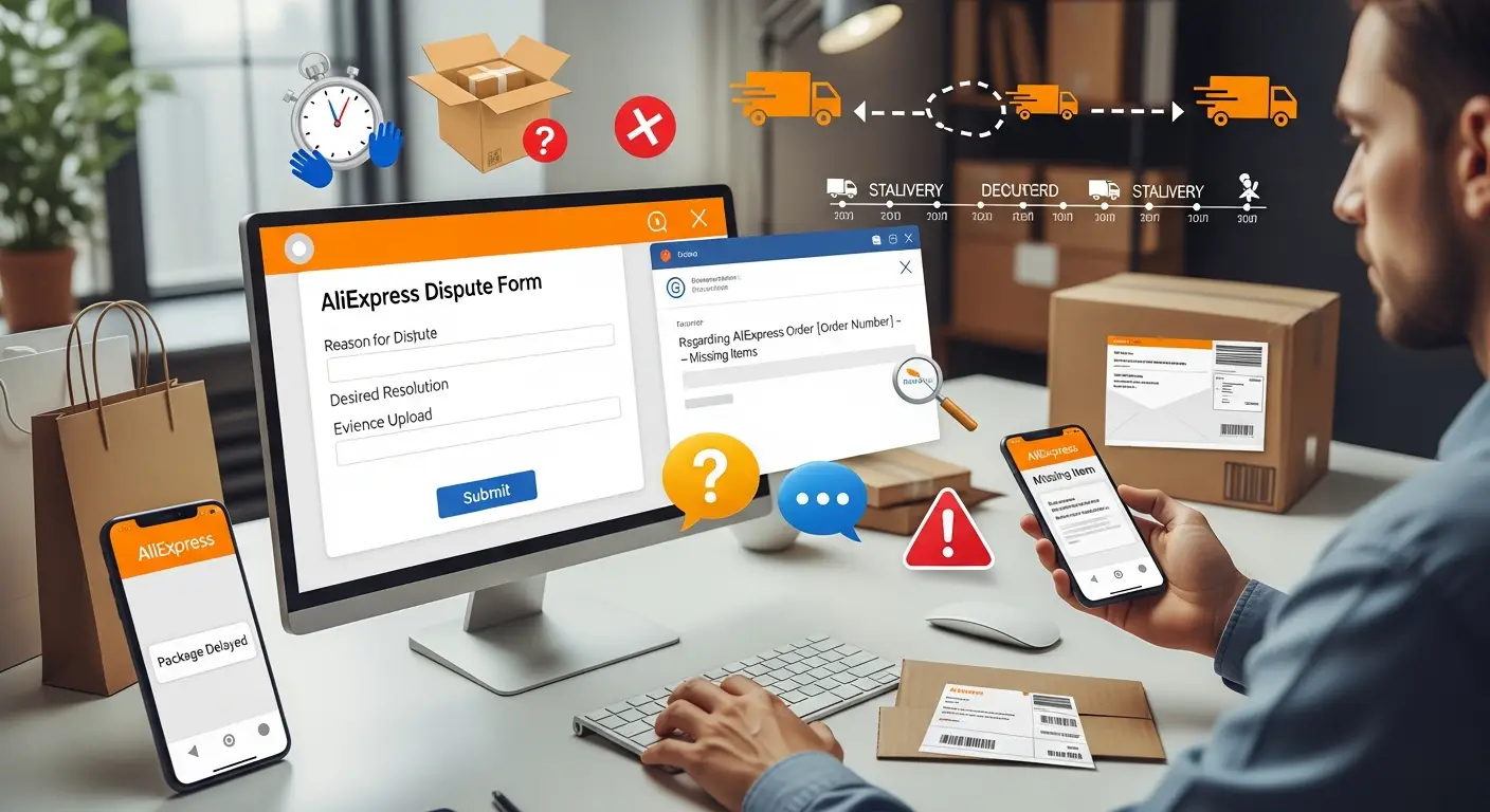 Kupac sjedi za stolom i pregledava narudžbu na laptopu dok drži zabrinuto lice; na ekranu se vidi otvoren prozor za podnošenje žalbe na AliExpressu zbog kašnjenja ili neisporučene narudžbe.