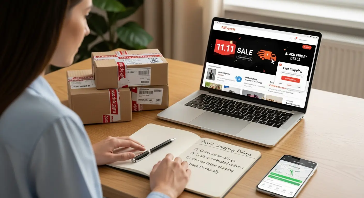 Kupci pregledavaju proizvode na AliExpressu za vrijeme velikih rasprodaja, dok sat i paket simboliziraju važnost izbjegavanja dugih kašnjenja u dostavi.