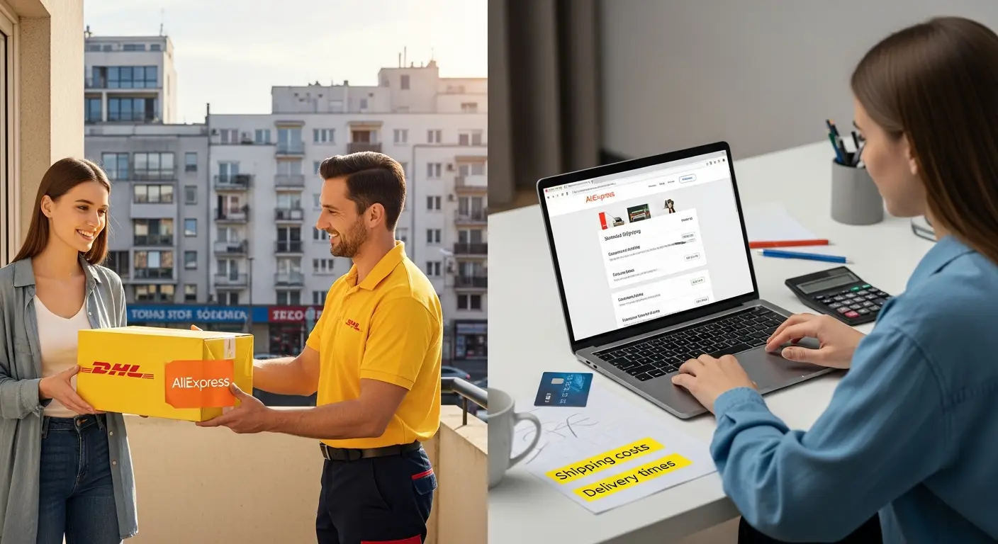Kurir DHL drži paket ispred kuće u Hrvatskoj, dok korisnik zadovoljan prima svoju narudžbu s AliExpressa. U pozadini se vidi natpis 