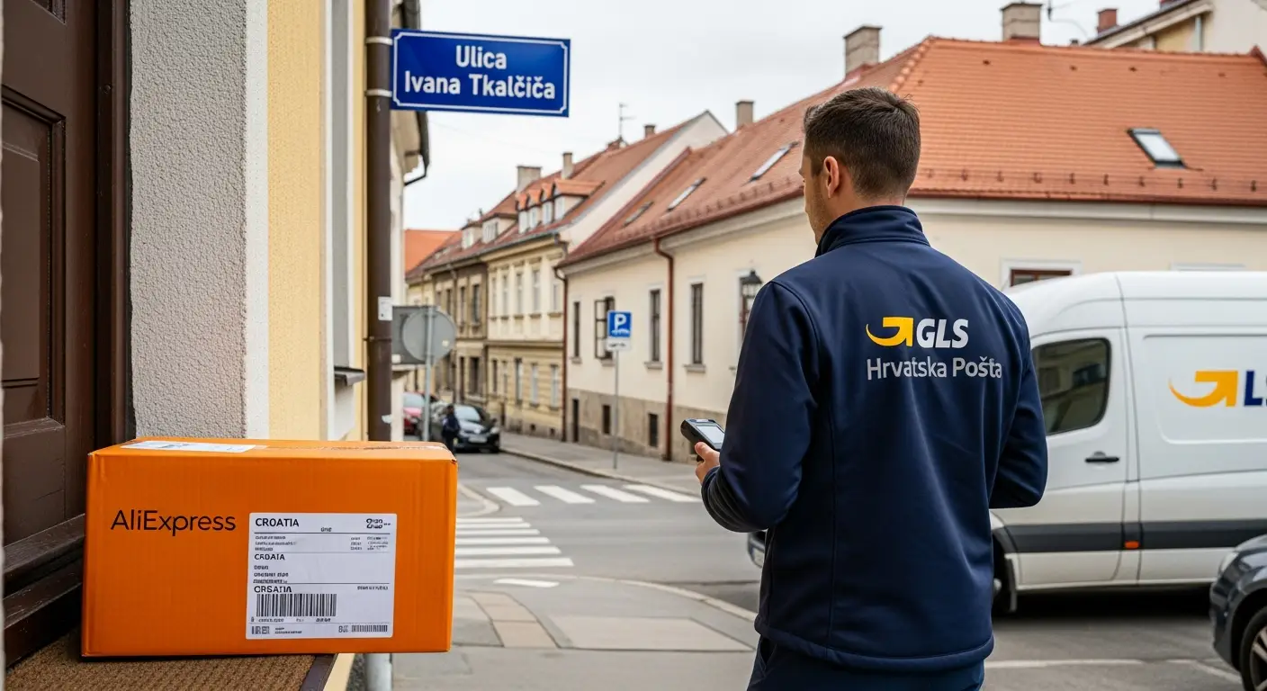 Kurir dostavlja AliExpress paket ispred kuće u Hrvatskoj; primatelj s osmijehom preuzima pošiljku. Na kutiji je vidljiva oznaka AliExpressa.