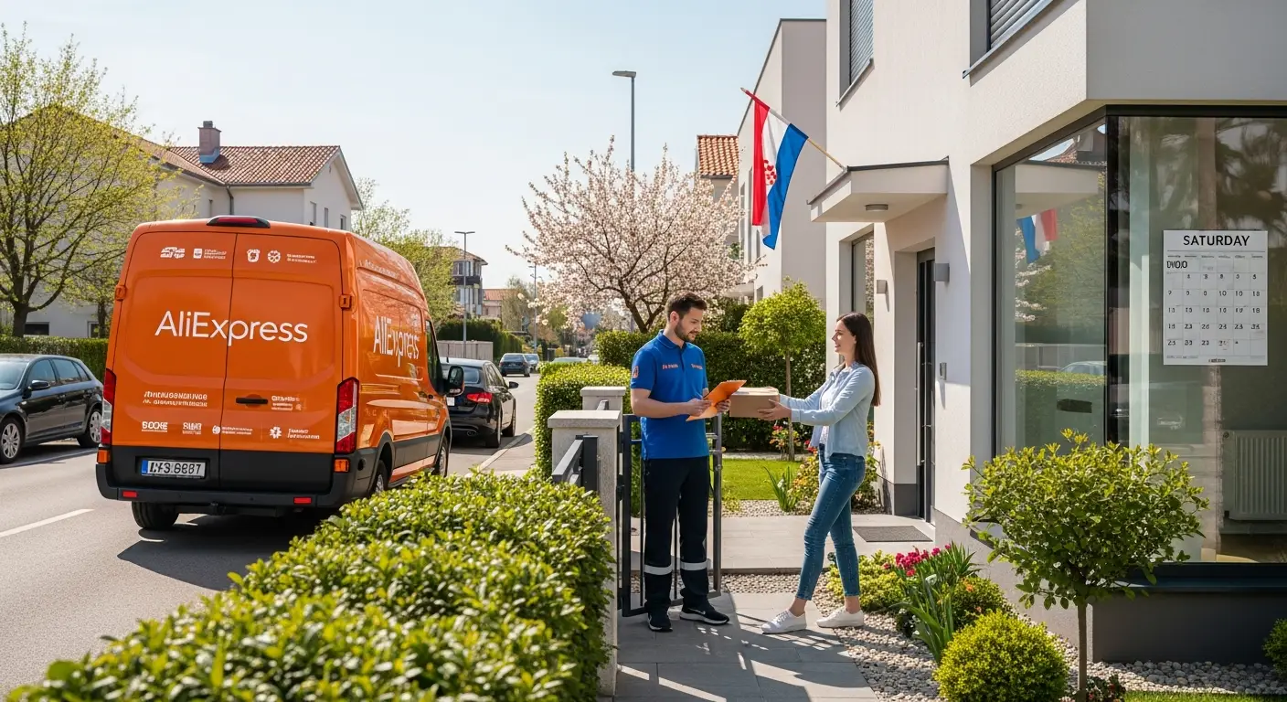 Kurir drži paket ispred vrata kuće dok kalendar na zidu prikazuje vikende i praznike, simbolizirajući dostavu AliExpress narudžbi u Hrvatskoj tijekom neradnih dana.