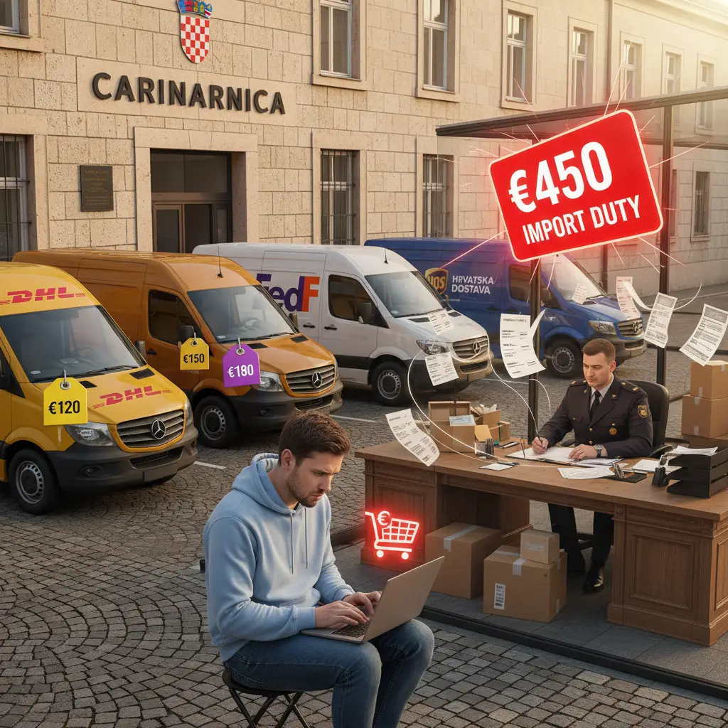 Kurir stoji pored paketa na carinskom pultu, a iznad njega je znak s natpisom