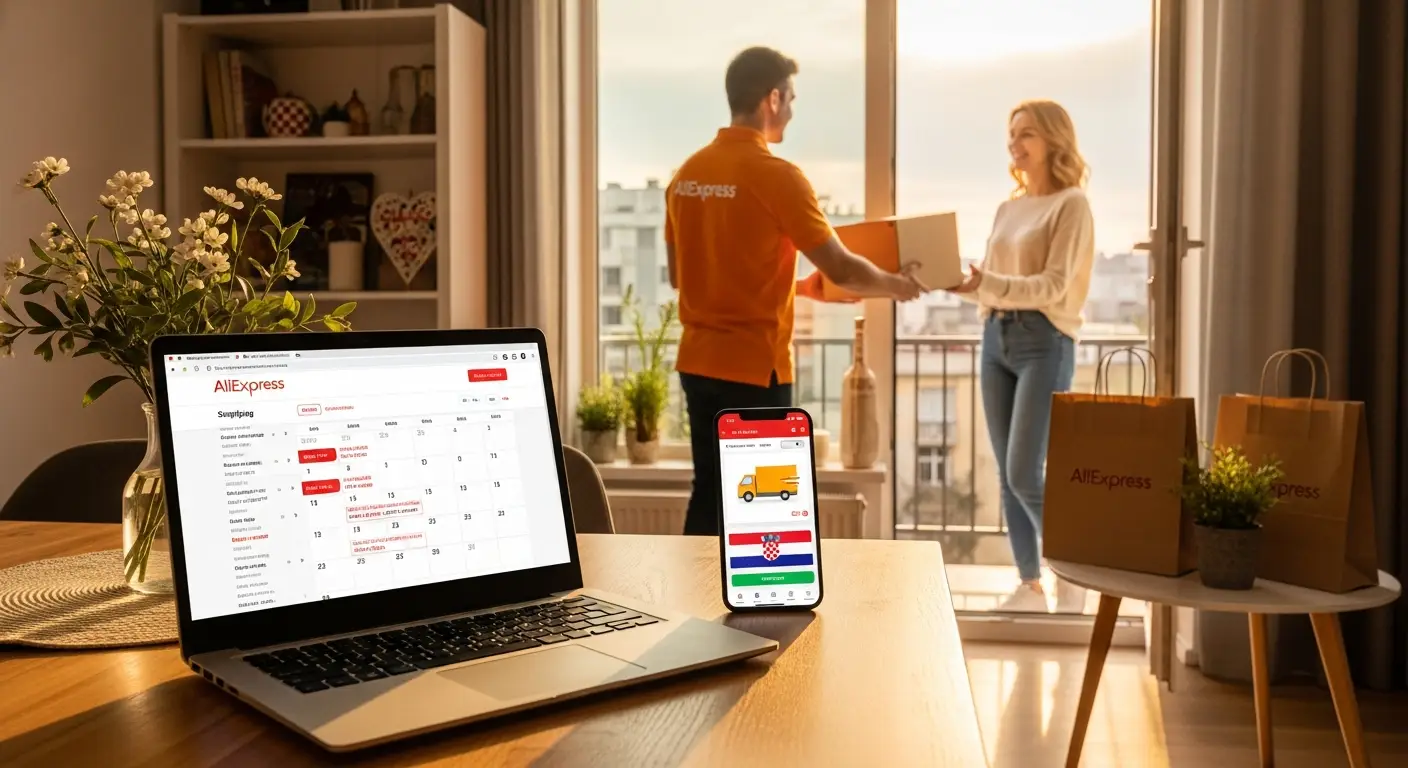 Kurirski dostavljač s narudžbom iz AliExpressa stoji ispred kućnih vrata u Hrvatskoj tijekom vikenda, dok kalendar prikazuje praznične datume.