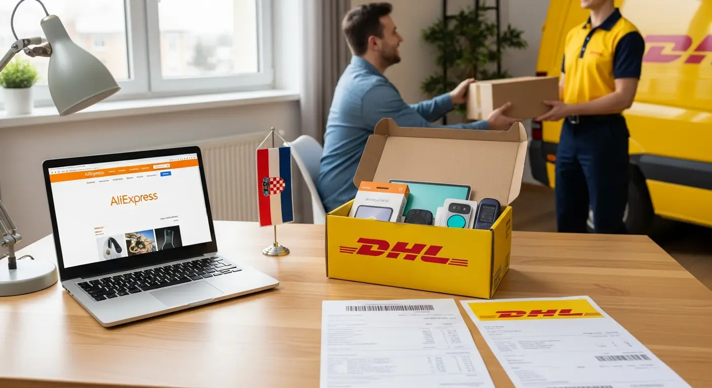 Kurirski kombi DHL-a parkiran ispred zgrade, uz paket s natpisom 