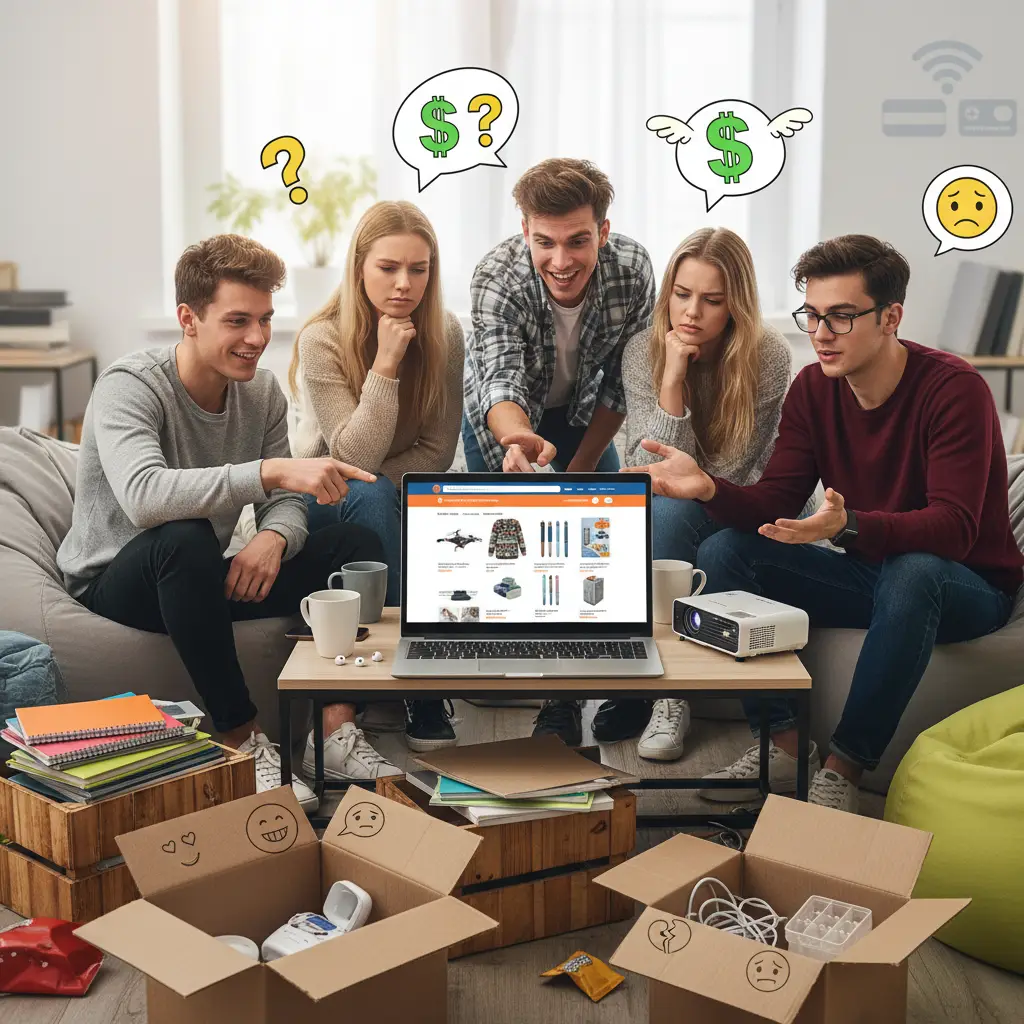 Mladi student sjedi za stolom, pregledava AliExpress na laptopu, okružen bilježnicama i šalicom kave, razmišljajući o povoljnim ponudama za školski pribor.