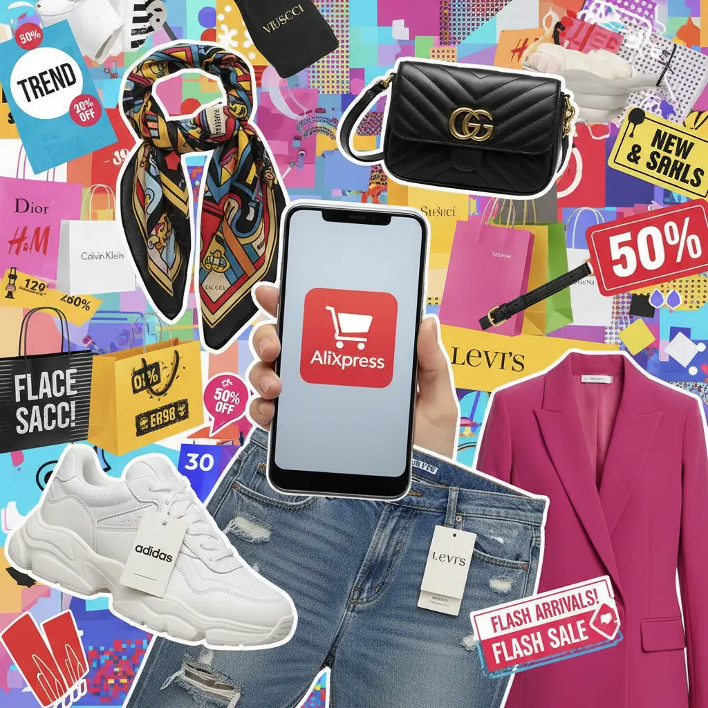 Modna influencerica pozira u modernoj odjeći ispred šarenih paketa s logotipima popularnih brendova s AliExpressa. Na stolu su trendi modni dodaci i cipele iz najtraženijih kolekcija.