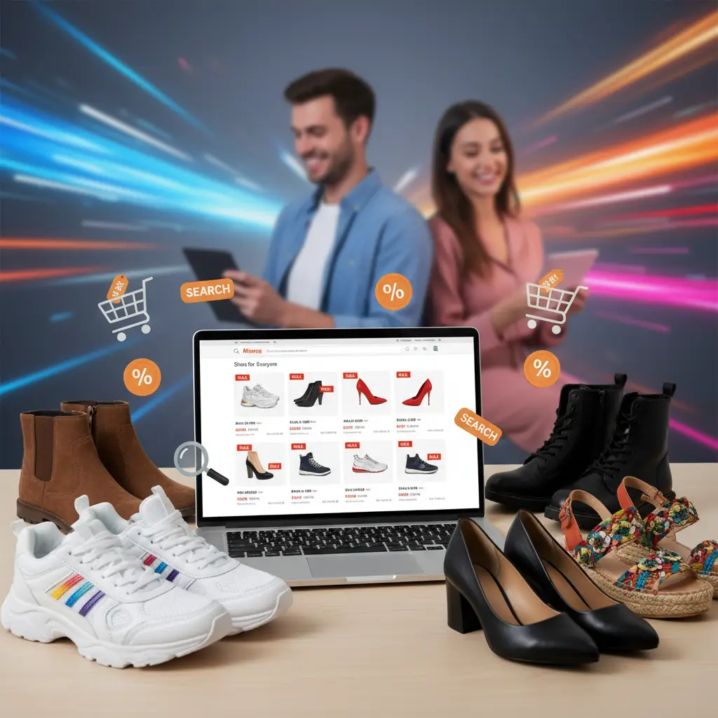 Muškarac i žena stoje ispred police pune modernih cipela iz različitih AliExpress trgovina, veselo birajući svoje omiljene modele.