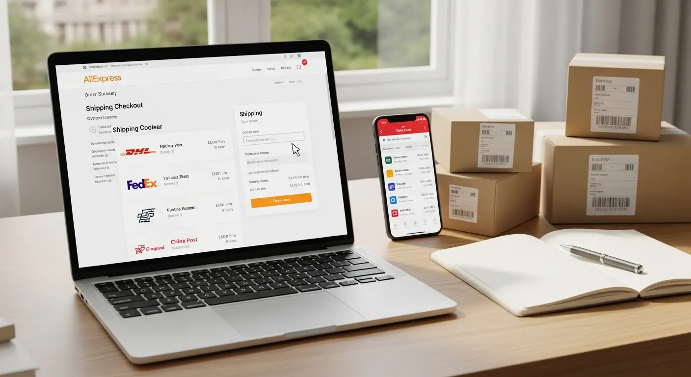 Na slici je prikazano nekoliko dostavljača s paketima ispred kamiona, simbolizirajući izbor kurira prilikom online kupovine na AliExpressu. Pozadina prikazuje logo AliExpressa i raznobojne kutije.