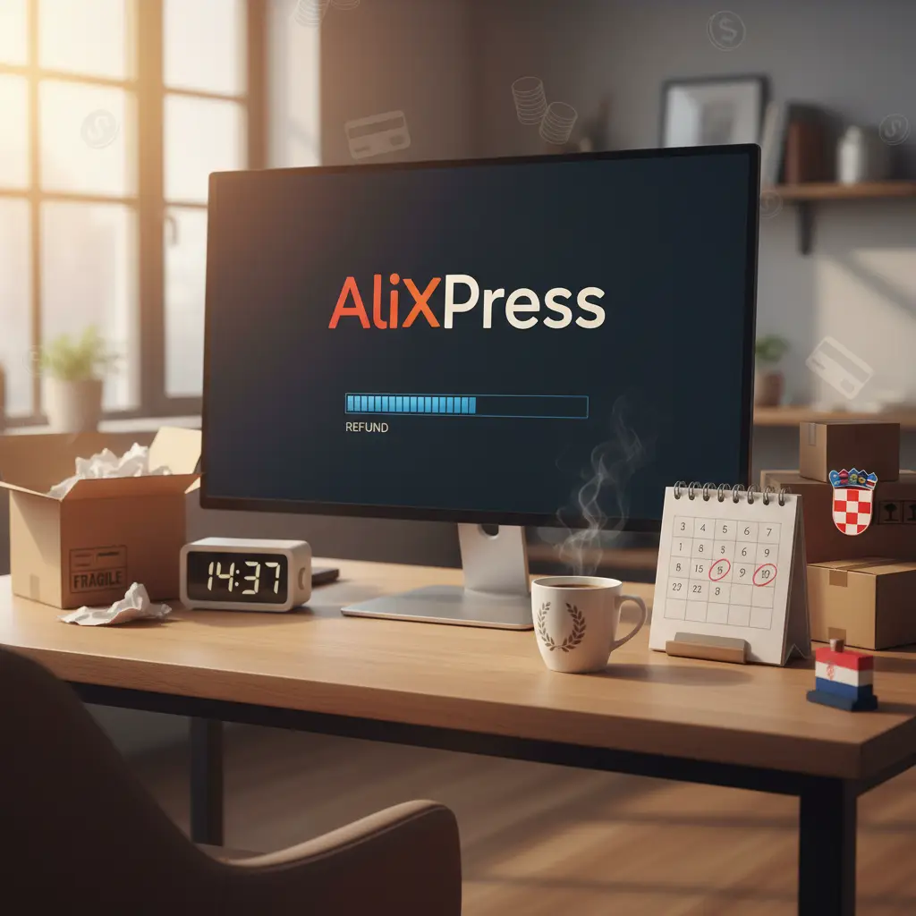 Na slici je računalo s otvorenom AliExpress stranicom za povrat novca, dok osoba provjerava status povrata u svom domu u Hrvatskoj. U pozadini se vidi kalendar s označenim datumima čekanja na povrat novca.
