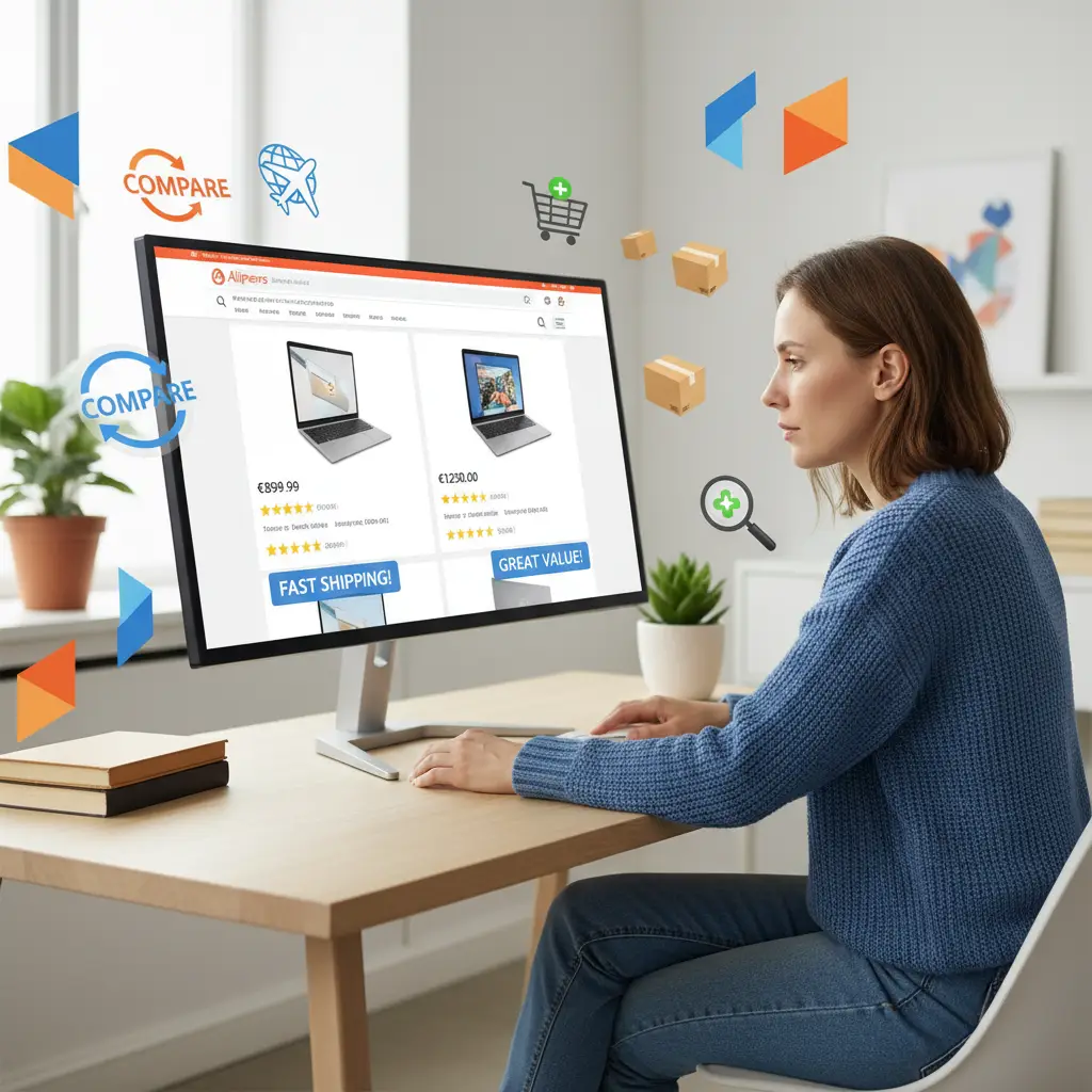 Na slici su prikazana dva korisnika koji pregledavaju i uspoređuju proizvode na AliExpressu koristeći prijenosna računala, uz istaknute recenzije i ocjene proizvoda na ekranu.