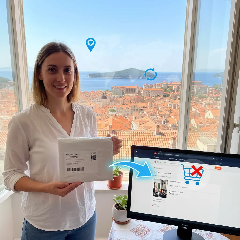 Osoba drži paket s etiketom AliExpress i stoji ispred poštanskog šaltera u Hrvatskoj, pripremajući se za povrat proizvoda.