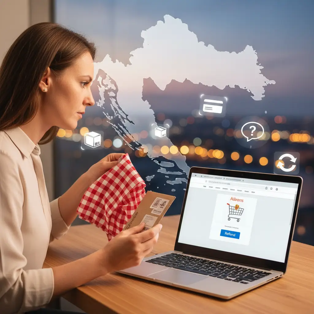 Osoba koristi laptop i ispunjava obrazac za povrat novca na AliExpressu, dok u pozadini stoji hrvatska zastava.