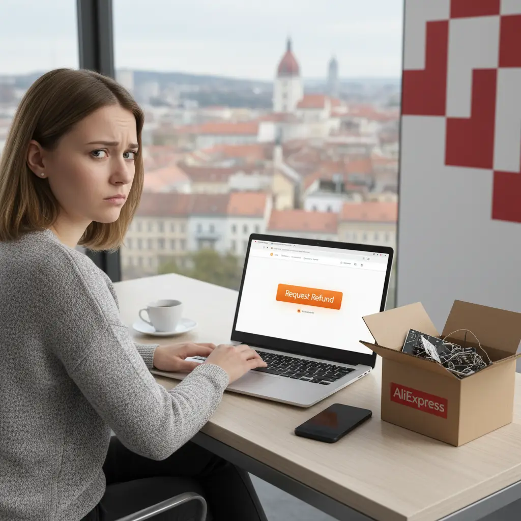 Osoba koristi laptop za podnošenje zahtjeva za povrat novca na AliExpressu, s prikazom stranice za povrat na ekranu, a u pozadini se vidi hrvatska zastava.