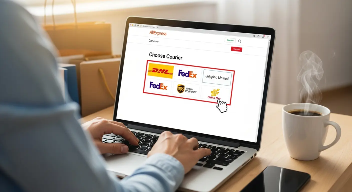 Osoba pregledava opcije dostave na AliExpressu na ekranu laptopa, pokušavajući odabrati željenog kurira među ponuđenim opcijama.