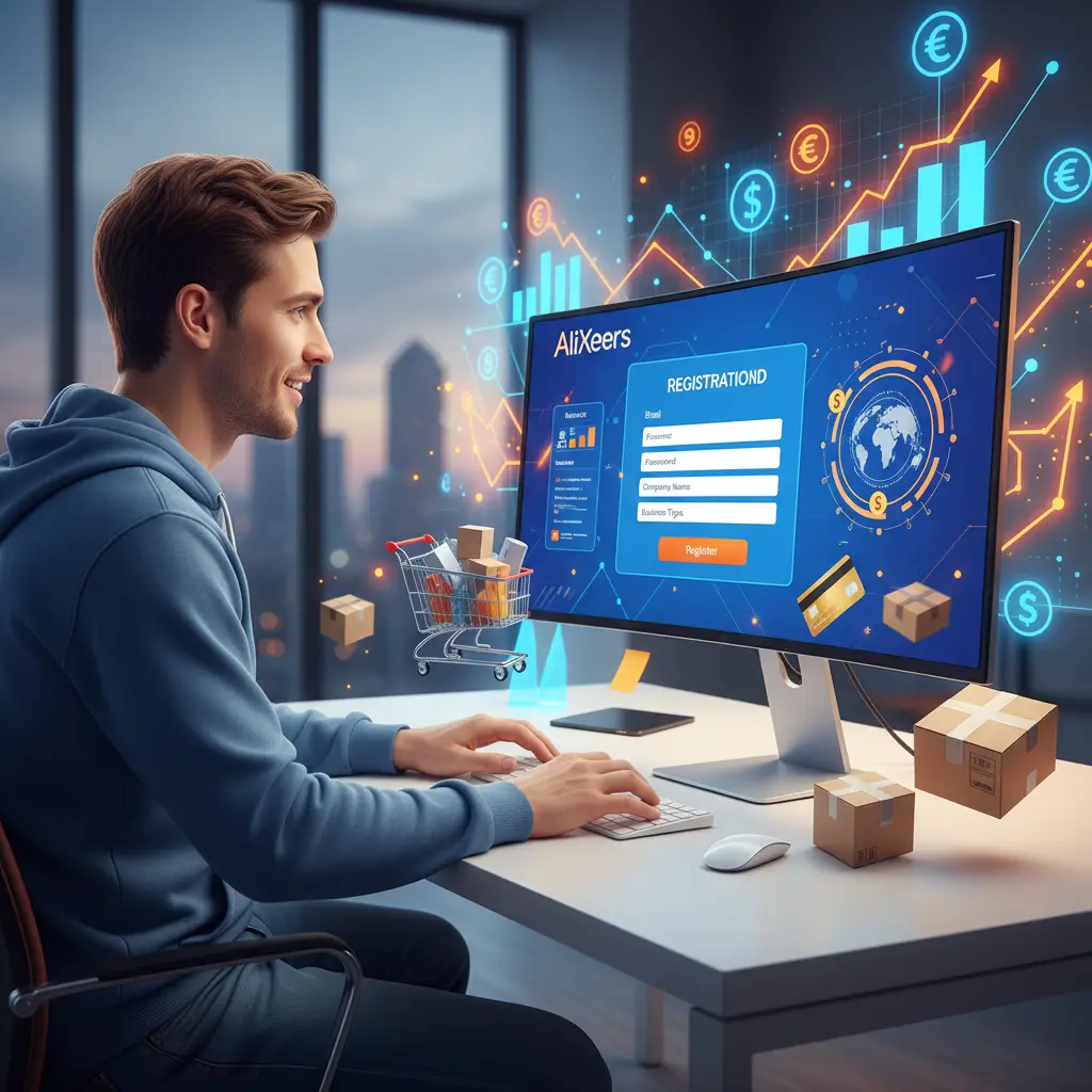 Osoba sjedi za računalom i ispunjava online obrazac za registraciju AliExpress poslovnog računa, dok na ekranu prikazuju se poslovne opcije platforme.