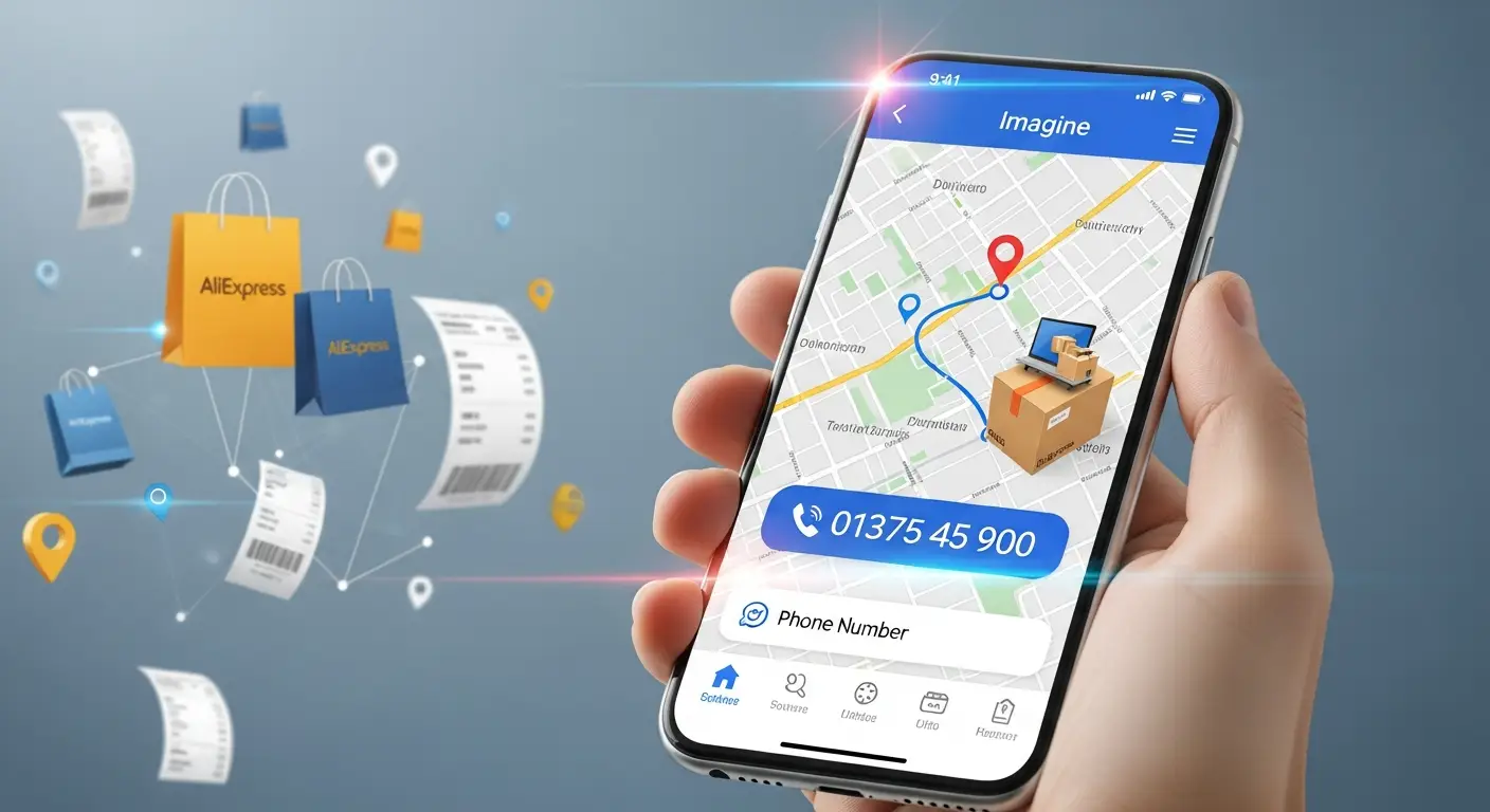 Pametan telefon prikazuje aplikaciju za praćenje pošiljki, dok korisnik unosi broj narudžbe s AliExpressa; u pozadini se vidi paket na stolu.