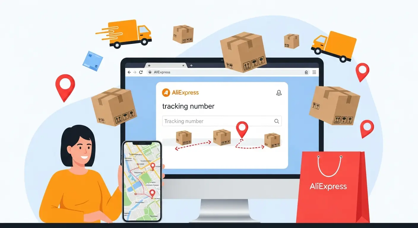 Pametna osoba drži pametni telefon i prati status svoje AliExpress narudžbe pomoću broja za praćenje, bez prijave na račun. Na ekranu su prikazani detalji dostave i napredak paketa.