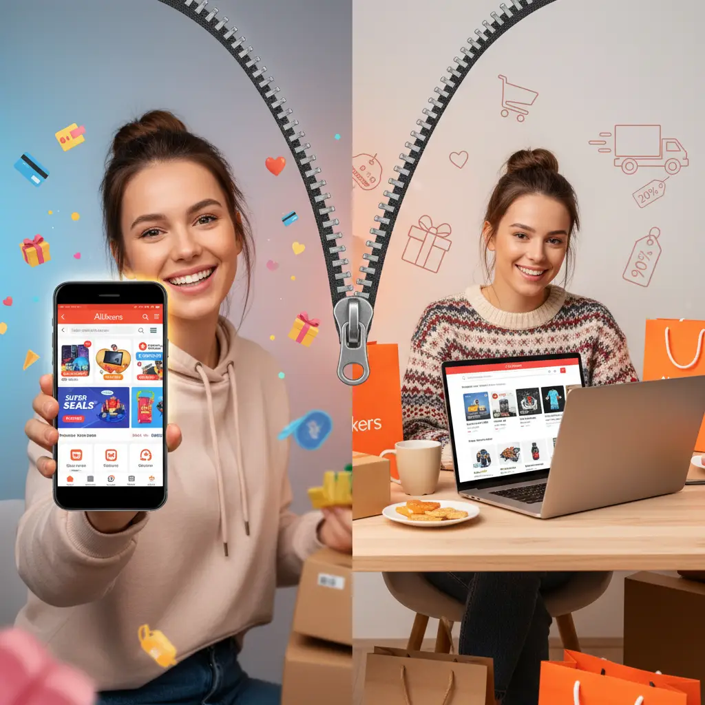 Pametna žena sjedi za stolom, u jednoj ruci drži mobitel s otvorenom AliExpress aplikacijom, dok na laptopu pregledava istu stranicu, uspoređujući iskustva kupovine. Na stolu su šalice kave i bilješke s popisom želja.