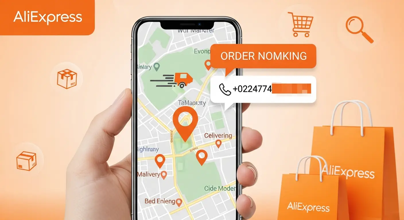 Pametni telefon prikazuje aplikaciju za praćenje pošiljke, dok korisnik unosi broj telefona i traži informacije o svom AliExpress paketu.