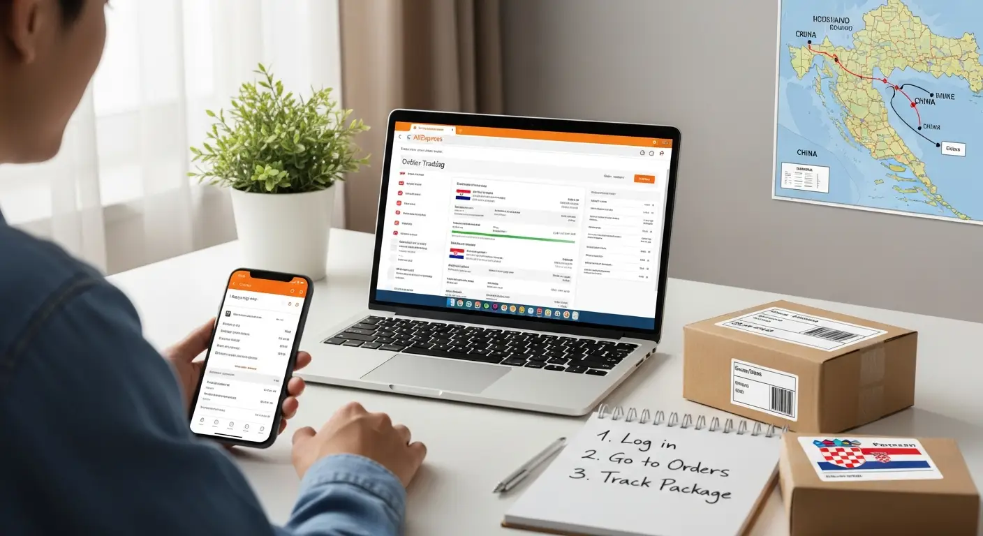 Pametni telefon prikazuje stranicu za praćenje narudžbe s AliExpressa, dok korisnik u Hrvatskoj pažljivo prati status dostave paketa.