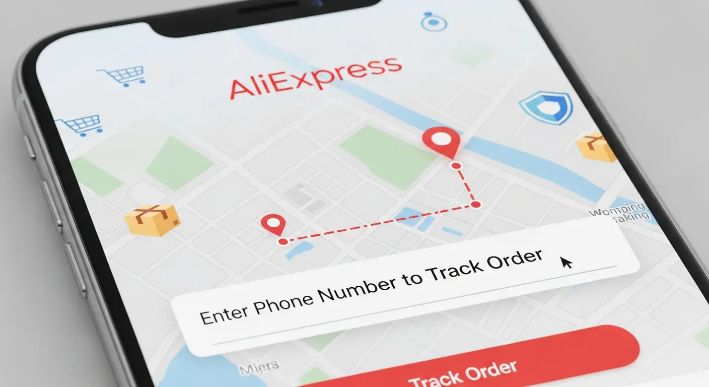 Pametni telefon prikazuje zaslon s aplikacijom za praćenje pošiljaka, dok korisnik unosi broj telefona kako bi provjerio status narudžbe s AliExpressa.