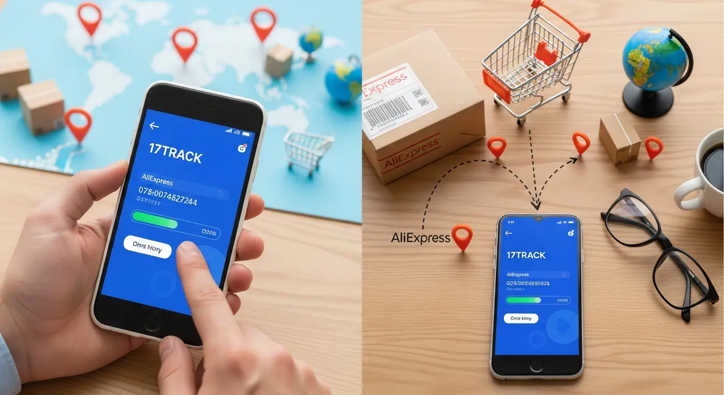 Prikaz ekrana 17TRACK platforme s unosom broja za praćenje pošiljke s AliExpressa i prikazom statusa dostave. Na ekranu su vidljive različite informacije o pošiljci i mapi.