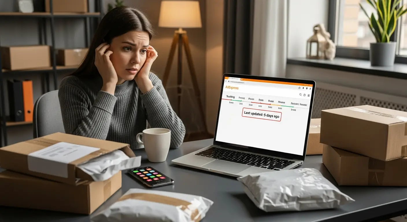 Prikaz ekrana s Aliexpress aplikacijom na pametnom telefonu, gdje je prikazan status praćenja paketa koji se nije ažurirao nekoliko dana. U pozadini se vidi zabrinuta osoba koja provjerava informacije o dostavi.