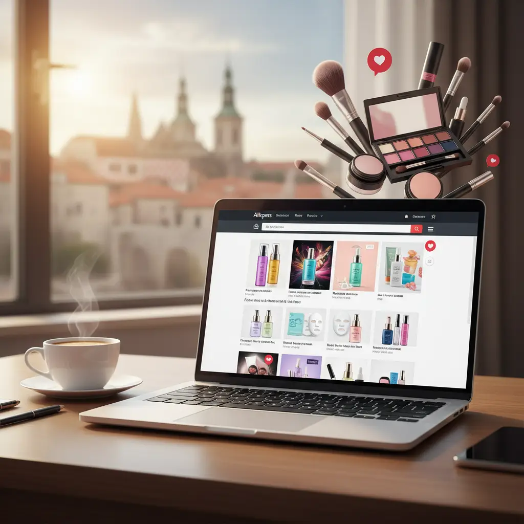 Prikaz popularnih proizvoda za njegu kože i ljepotu iz najboljih AliExpress trgovina, prilagođenih za kupce u Hrvatskoj, uz elegantan raspored seruma, maski i šminke na pastelnom stolu.