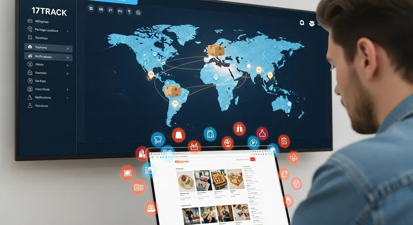 Prikaz sučelja 17TRACK aplikacije na pametnom telefonu s praćenjem AliExpress pošiljke, uključujući status isporuke i detalje o pošiljatelju.
