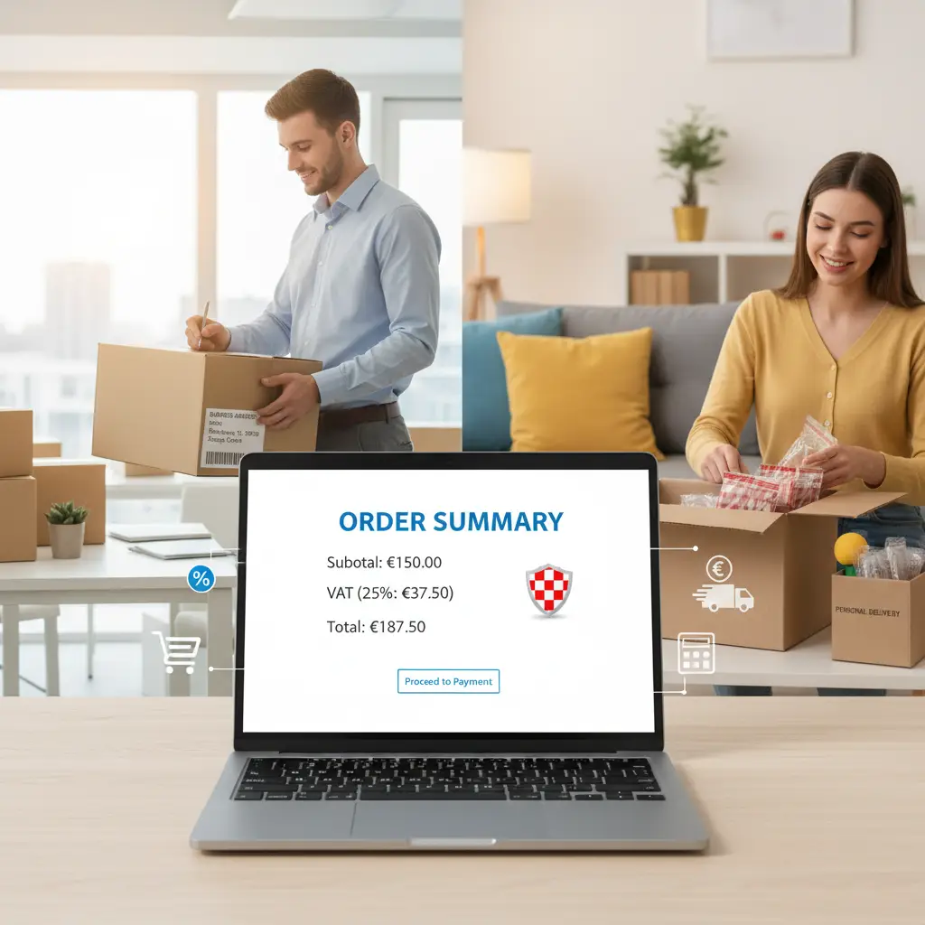 Računovotkinja sjedi za stolom, pregledava fakture i kalkulator ispred laptopa, uz natpis 