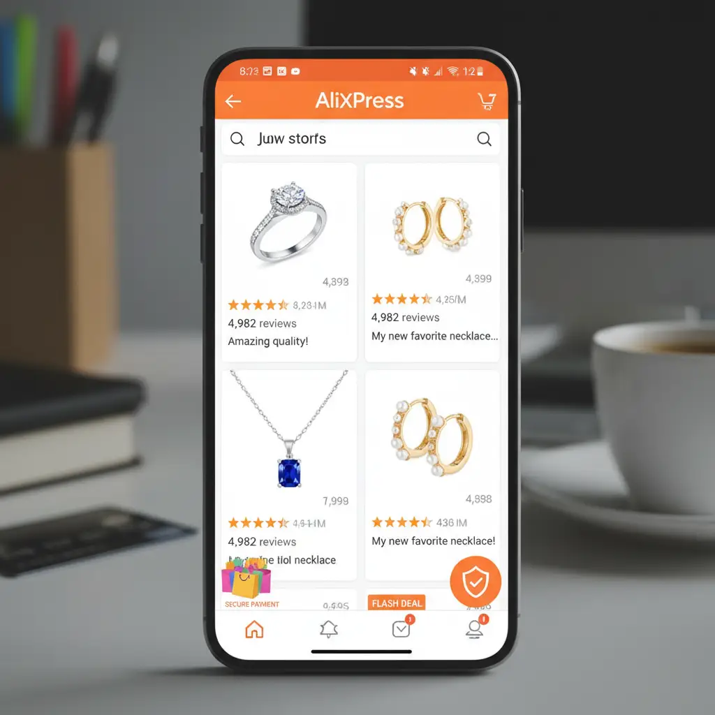 Raznobojni komadi nakita poput ogrlica, narukvica i naušnica prikazani su na svijetlom stolu, uz recenzije zadovoljnih kupaca s AliExpressa u pozadini.
