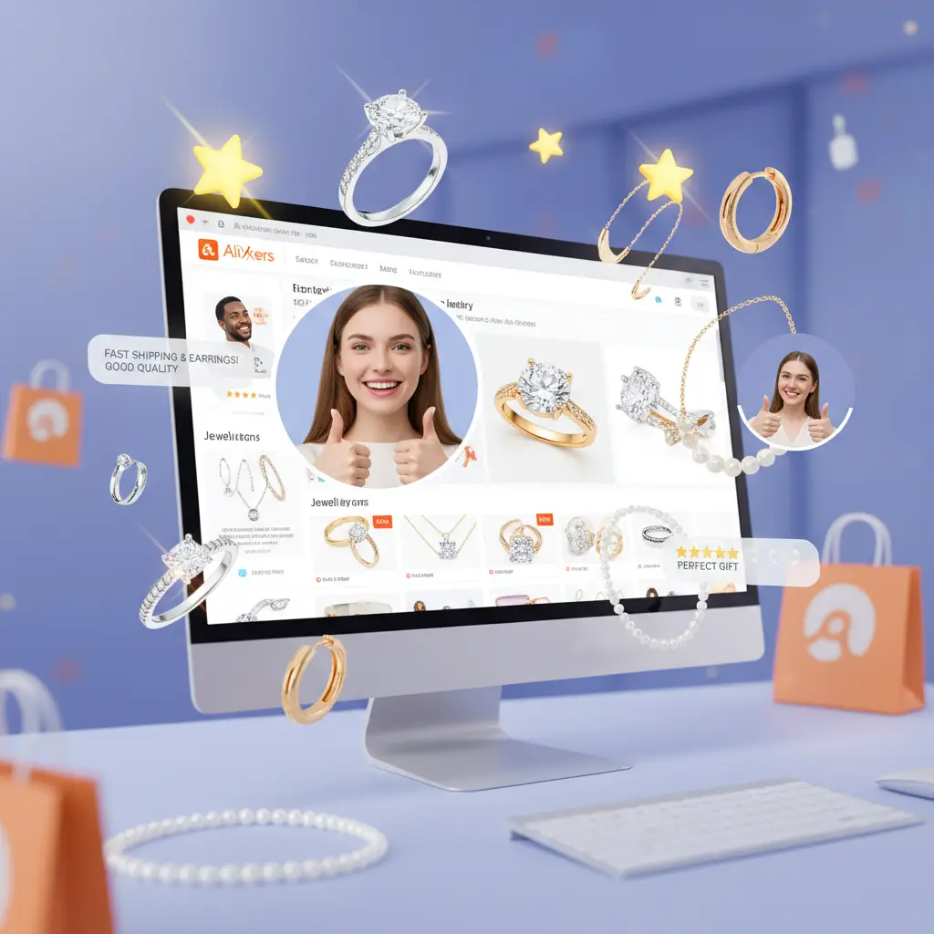 Raznobojni komadi nakita, uključujući prstene i ogrlice, izloženi na svijetloj pozadini uz otvorene recenzije kupaca s AliExpressa.