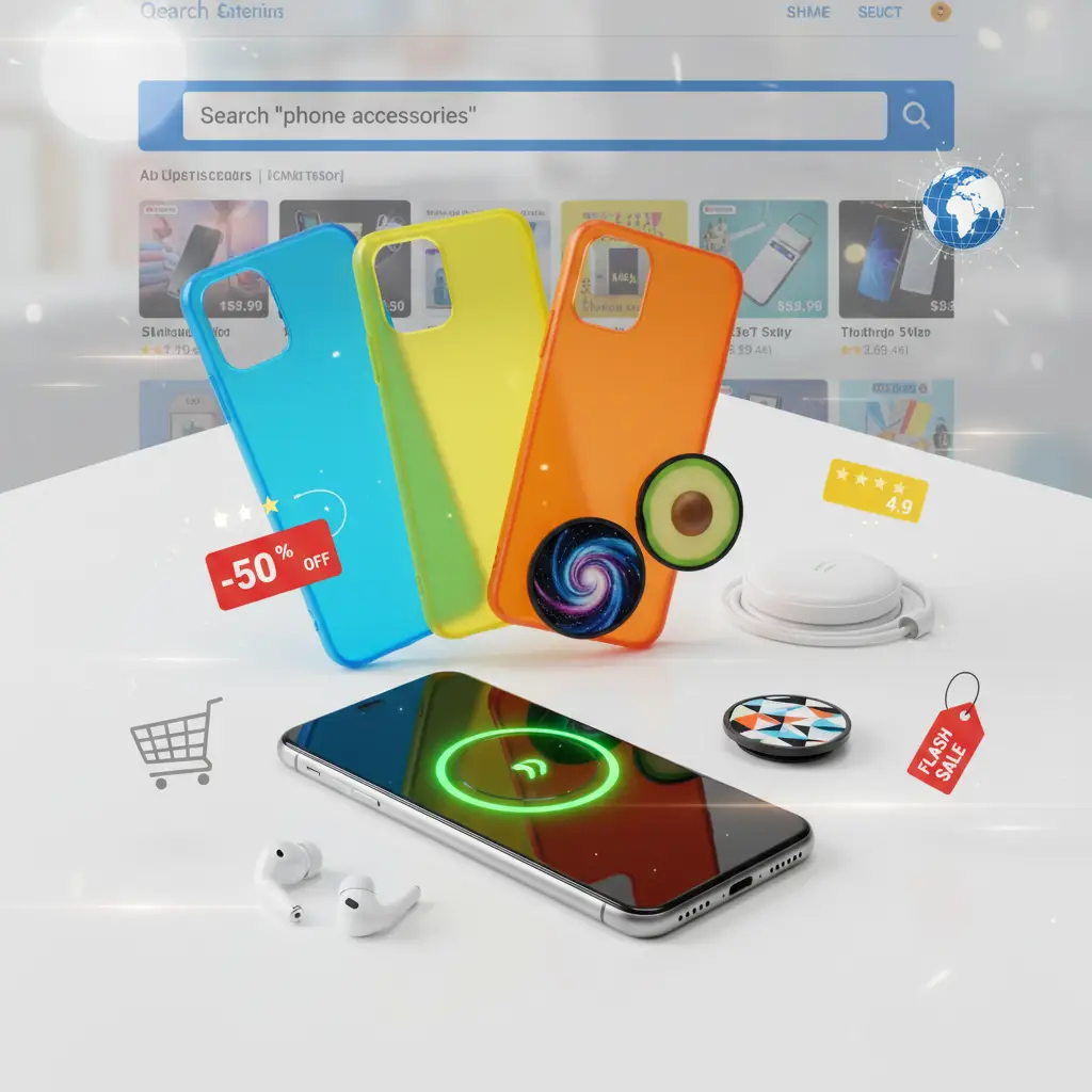 Raznobojni mobiteli, slušalice i punjači uredno su izloženi na stolu, dok se u pozadini vide logotipi popularnih AliExpress trgovina za dodatke za telefone.