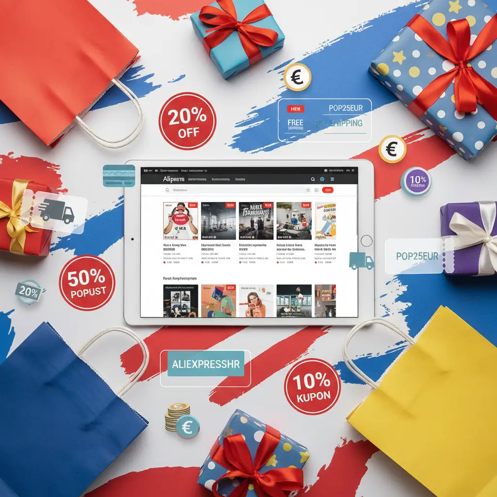 Šarena ilustracija prikazuje sretan par koji drži velike kuponske kartice uz Aliexpress logo i hrvatsku zastavu, simbolizirajući popuste i promo kodove za kupovinu u Hrvatskoj.