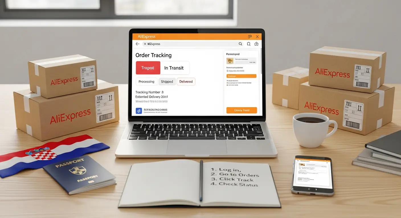 Slika prikazuje korisnika koji na laptopu prati status svoje AliExpress narudžbe do Hrvatske, dok na ekranu vidi mapu s označenom rutom dostave.