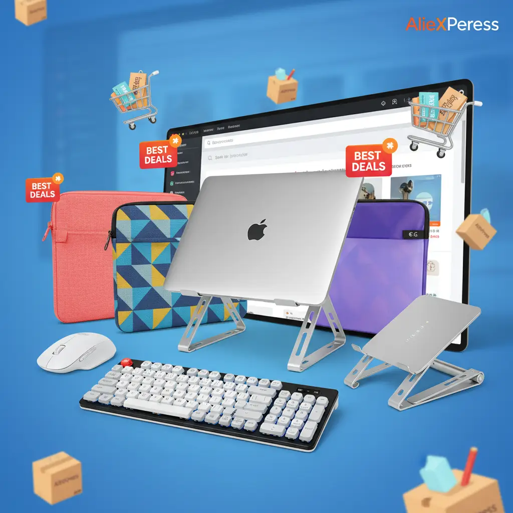 Slika prikazuje moderni radni stol s prijenosnim računalom okruženim raznim atraktivnim dodacima poput bežičnog miša, tipkovnice i slušalica, naglašavajući najbolje dodatke s AliExpressa.
