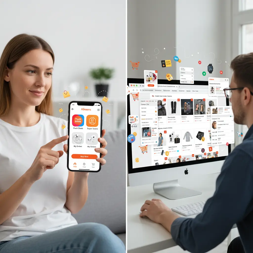 Slika prikazuje osobu koja drži pametni telefon s otvorenom AliExpress aplikacijom, dok u pozadini na stolu stoji laptop s istom web stranicom, simbolizirajući usporedbu kupovine putem aplikacije i desktopa.