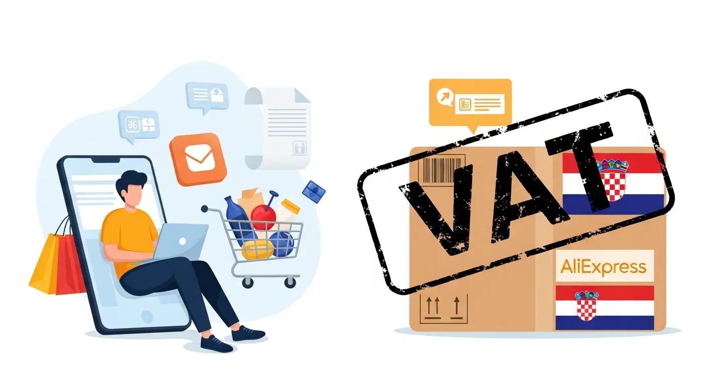 Slika prikazuje osobu koja pregledava AliExpress na svom laptopu, dok pored nje stoji račun s istaknutim PDV iznosom i mala hrvatska zastava.