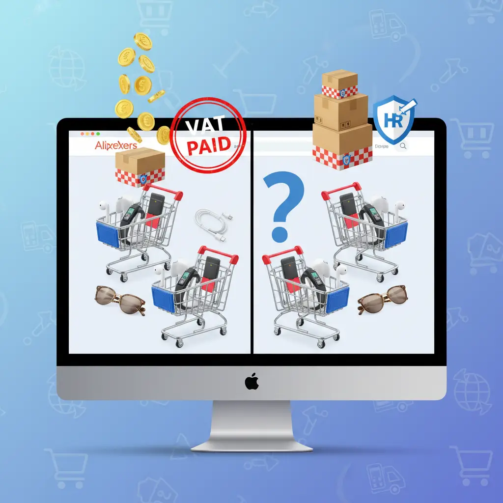 Slika prikazuje ruke koje drže malu pošiljku s AliExpressa, dok se u pozadini vidi hrvatska zastava i simbol za PDV.