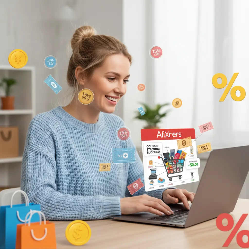 Slika prikazuje ruku koja drži nekoliko kupona ispred ekrana računala s otvorenom AliExpress stranicom, simbolizirajući slaganje kupona za dodatne uštede.