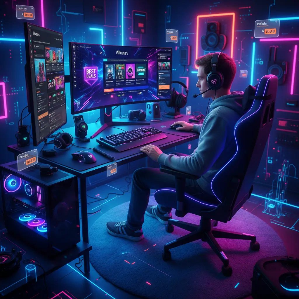 Slika prikazuje šaroliku kolekciju gaming opreme poput tipkovnica, miševa i slušalica, uz logo nekoliko najpopularnijih AliExpress trgovina specijaliziranih za gamere. Na ekranu u pozadini vidi se uzbudljiva videoigra.