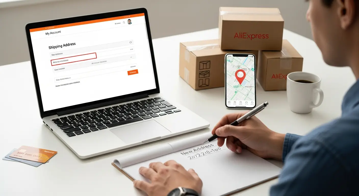 Snimka ekrana korisničkog profila na AliExpressu prikazuje opciju za uređivanje adrese za dostavu, s istaknutim gumbom 